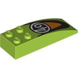 LEGO part 44126pr0003 Brick Curved 6 x 2 with White '40' in Circle, Orange/Black Logo print in Bright Yellowish Green/ Lime