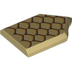 LEGO part 22385pr0149 Tile Special 2 x 3 Pentagonal with Black/Gold Dragon Scales print in Brick Yellow/ Tan