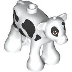 LEGO part 5150pr0002 Animal, Cow, Baby / Calf with Reddish Brown Eyes, Black Spots Print in White