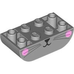 LEGO part 5174pr0001 Brick Curved Double 2 x 4 Inverted with Animal Face, Bright Pink Cheeks print in Medium Stone Grey/ Light Bluish Gray