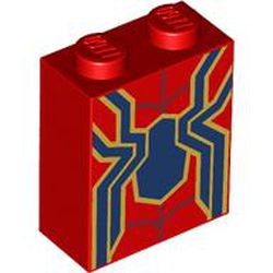 LEGO part 3245cpr0237 Brick 1 x 2 x 2 with Dark Blue Iron Spider-Man Logo, Gold Trim print in Bright Red/ Red