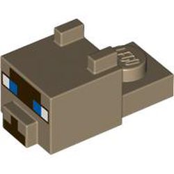 LEGO part 24008pr0007 Animal Body Part, Cat Head 1 x 2 with Cube with Ears, Nose and Pixelated Face, Blue Eyes, Dark Brown Nose print (Ocelot) in Sand Yellow/ Dark Tan