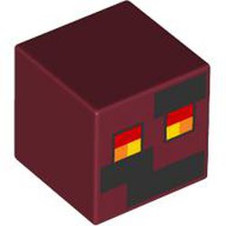 LEGO part 19729pr0080 Minifig Head Special, Cube with Pixelated Face, Red, Orange, Yellow Square Eyes, Black Squares Print in Dark Red