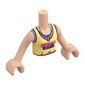 Minidoll Torso Girl with Bright Light Yellow Top, Coral/Dark Blue Shapes, Writing, Lavender Shirt print, Light Nougat Arms and Hands