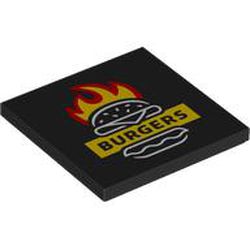LEGO part 1751pr0004 Tile 4 x 4 with 'BURGERS' on Yellow Field, Burger, Red and Yellow Flames print in Black