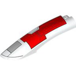 LEGO part 77180pr0001 Slope Curved 10 x 2 x 2 with Curved End Left with Red Armor Plating print in White