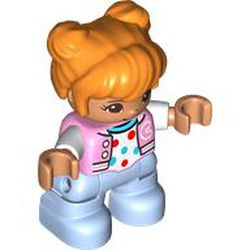 LEGO part 65245pr0078 Duplo Figure Child with Two Buns on Top and Long Bangs Orange, Bright Light Blue Legs, White Shirt with Red Spots Print in Light Purple/ Bright Pink