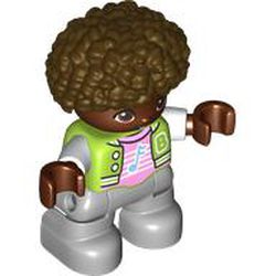 LEGO part 102708pr0070 Duplo Figure Child, Afro Dark Brown, Light Bluish Gray Legs, Brigth Pink Shirt with Music Note Print in Bright Yellowish Green/ Lime