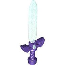 LEGO part 105006pat0001 Weapon Sword with Dark Purple Winged Hilt pattern in Transparent Blue with Opalescence/ Satin Trans-Light Blue