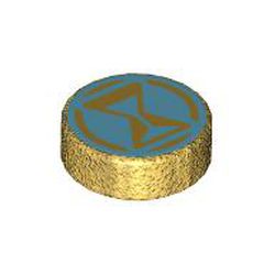 LEGO part 98138pr9973 Tile Round 1 x 1 with Medium Azure Hourglass print in Warm Gold/ Pearl Gold