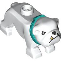 LEGO part 65388pr0003 Animal, Dog, Bulldog with Tan Fangs, Dark Turquoise Collar in White
