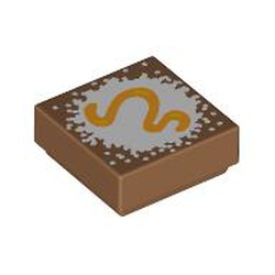 LEGO part 3070bpr0311 Tile 1 x 1 with Gold Snake/Worm on White Background print in Medium Nougat