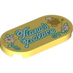 LEGO part 66857pr0044 Tile Round 2 x 4, 'Tiana's Palace' Sign Print in Cool Yellow/ Bright Light Yellow
