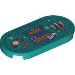 LEGO part 66857pr0042 Tile Round 2 x 4, 'Antiques', Chest, Candlestick, Watch, and Fork Print in Bright Bluish Green/ Dark Turquoise