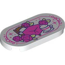LEGO part 66857pr0041 Tile Round 2 x 4, Dark Pink Bed, Roses, and Teacup Print in White
