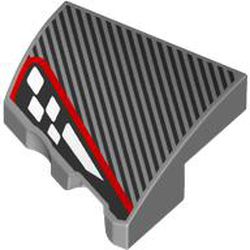 LEGO part 5093pr0001 Slope Curved 2 x 2 with Stud Notch Right with Black Stripes, Black/White Headlight, Red Border print in Medium Stone Grey/ Light Bluish Gray