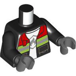 LEGO part 973c03h12pr6931 Torso Fire Jacket with Red Collar and Reflective Stripes, Open over White Shirt with Fire Logo Print, Black Arms, Dark Bluish Gray Hands in Black