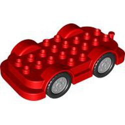 LEGO part 24911c02 Duplo Car Base 4 x 8 with Four Black Wheels and Light Bluish Gray Hubs in Bright Red/ Red