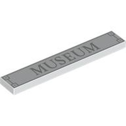 LEGO part 6636pr0042 Tile 1 x 6 with Silver 'MUSEUM', Border print in White
