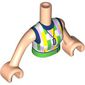Minidoll Torso Woman with White Top, Dark Blue Collar, Bright Light Orange/Green/Lavender Shapes, Green Belt, Necklace print, Light Nougat Arms and Hands