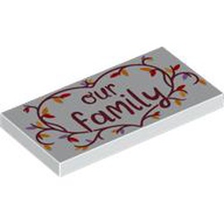 LEGO part 87079pr0326 Tile 2 x 4 with Dark Red 'OUR FAMILY', Branch Heart with Leaves print in White