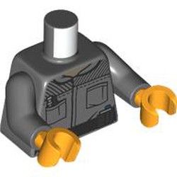 LEGO part 973c12h38pr0001 Torso, Dark Bluish Gray Arms, Bright Light Orange Hands with print in Dark Stone Grey / Dark Bluish Gray