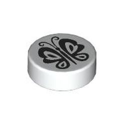 LEGO part 98138pr0386 Tile Round 1 x 1 with Black Butterfly print in White