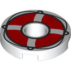 LEGO part 15535pr0003 Tile Round 2 x 2 with Hole with Red Life Preserver prin in White