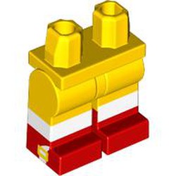 LEGO part 970c01pat22pr0001 Hips with Yellow Legs and Red Boots Pattern with White Sox, Gold on Side print in Bright Yellow/ Yellow