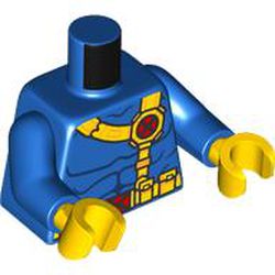 LEGO part 973c28h01pr6996 Torso Muscles Outline and Yellow Shoulder Strap and Belt with X-Men Logo Buckle, Print, Blue Arms, Yellow Hands in Bright Blue/ Blue