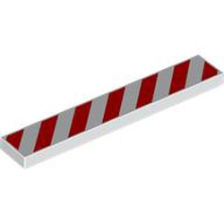 LEGO part 6636pr9997 Tile 1 x 6 with Red Danger Stripes print in White