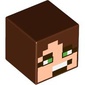 Minifig Head Special, Cube with Pixelated Light Nougat and Dark Brown Face, Bright Green Eyes Print