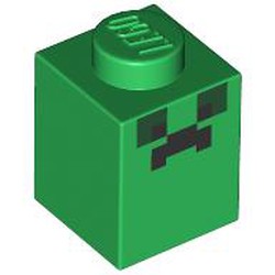 LEGO part 3005pr9864 Brick 1 x 1 with Pixelated Back Face (Creeper) print in Dark Green/ Green