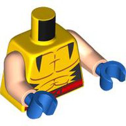 LEGO part 973c02h28pr7023 Torso Muscle Ouline, Black Triangles, Red Belt with X Print, Light Nougat Arms, Blue Hands in Bright Yellow/ Yellow