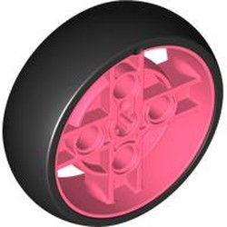 LEGO part 65834pat0001 Wheel 43 x 14 with 4 Spokes, Axle Hole, and Black Integral Tire in Vibrant Coral/ Coral