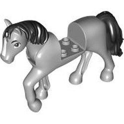 LEGO part 69830pr9999 Animal, Horse with Raised Leg, Black Mane and Tail, White Nose print in Medium Stone Grey/ Light Bluish Gray