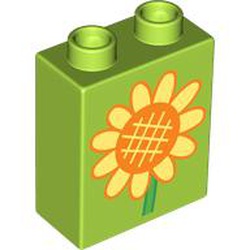 LEGO part 76371pr9899 Duplo Brick 1 x 2 x 2 with Sunflower print in Bright Green