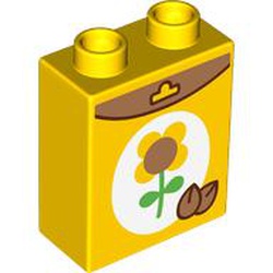 LEGO part 76371pr9898 Duplo Brick 1 x 2 x 2 with Sunflower Seed Box print in Bright Yellow/ Yellow