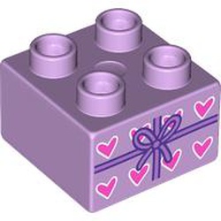 LEGO part 3437pr9977 Duplo Brick 2 x 2 with Medium Lavender Bow, Hearts print in Lavender
