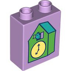LEGO part 76371pr9904 Duplo Brick 1 x 2 x 2 with Green Coocoos Clock print in Lavender