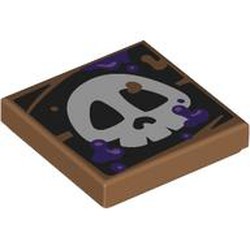 LEGO part 3068bpr9380 Tile 2 x 2 with White Skull on Black Background, Dark Purple Splotches print in Medium Nougat