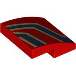 LEGO part 15068pr0091 Slope Curved 2 x 2 x 2/3 with Gold/Dark Blue Stripes print in Bright Red/ Red