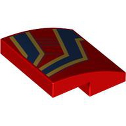 LEGO part 15068pr0090 Slope Curved 2 x 2 x 2/3 with Gold/Dark Blue Stripes print in Bright Red/ Red