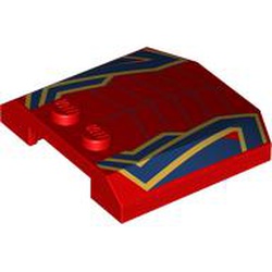 LEGO part 45677pr0026 Slope Curved 4 x 4 x 2/3 Triple Curved with 2 Studs with Dark Blue/Gold Stripes print in Bright Red/ Red
