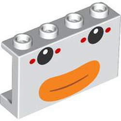 LEGO part 14718pr9991 Panel 1 x 4 x 2 with Duck Face, Black Eyes, Orange Beak, red Dots print in White