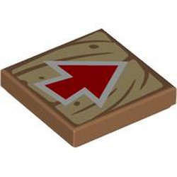 LEGO part 3068bpr9364 Tile 2 x 2 with Red Arrow on Tan Wood print in Medium Nougat