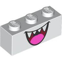 LEGO part 3622pr9984 Brick 1 x 3 with Open Mouth Smile with Teeth and Dark Pink Tongue (Boo) Print in White