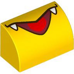 LEGO part 37352pr9998 Brick Curved 1 x 2 x 1 No Studs with Open Mouth, Red Tongue, White Fangs print in Bright Yellow/ Yellow