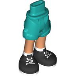 LEGO part 36198c01pr0003 Minidoll Hips and Shorts with Nougat Legs, Black Boots, White Laces, Soles print in Bright Bluish Green/ Dark Turquoise