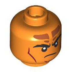 LEGO part 28621pr9864 Minifig Head Tiefling Sorcerer, Thick Black Eyebrows, Dark Red Lips, Dark Orange Markings, Lopsided Smile/Angry, Stern in Bright Orange/ Orange